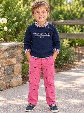 Janie and Jack 4 Biplane Airplane Knit Sweater Matching Set with Coral Pants